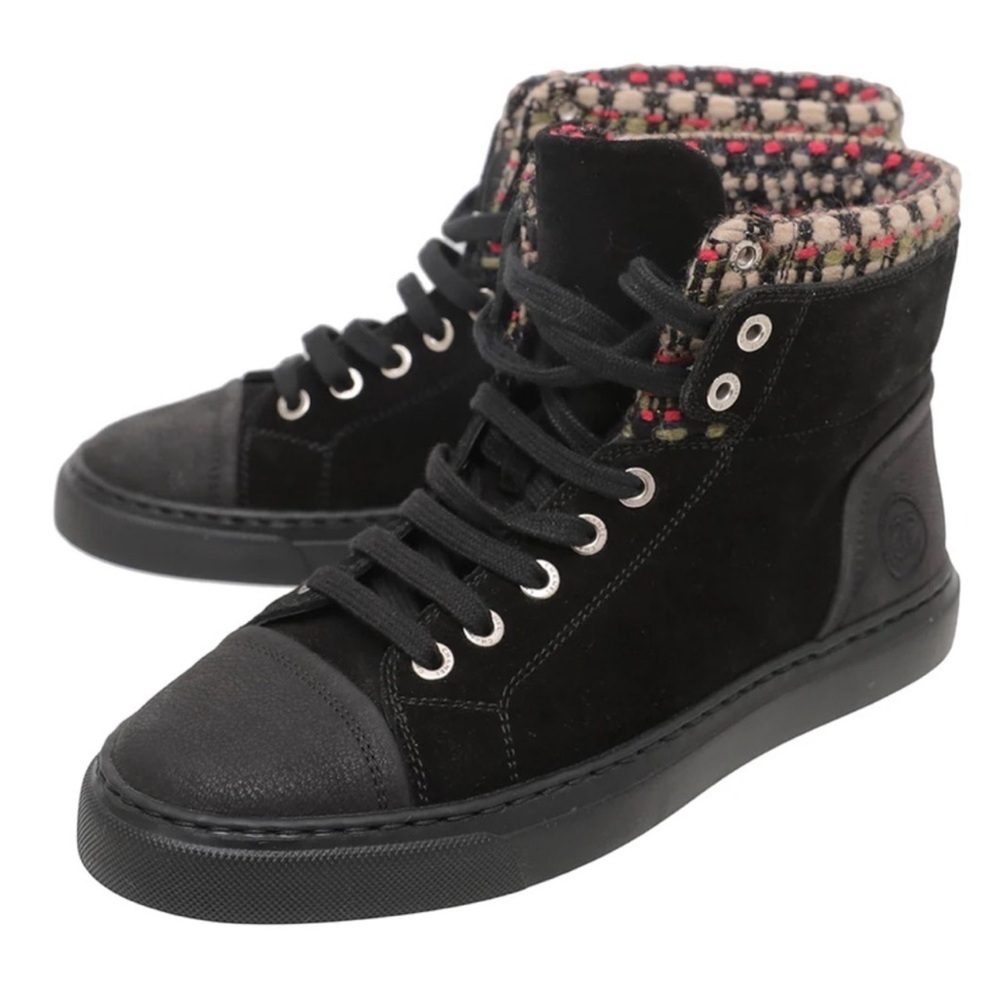 Chanel 15A Suede Leather Tweed High Top Black Sneakers Size 37